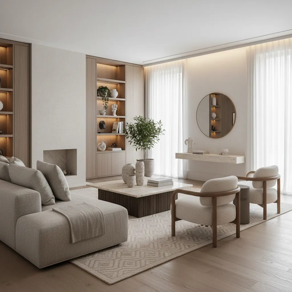 Sala sofisticada con decoración equilibrada y materiales naturales