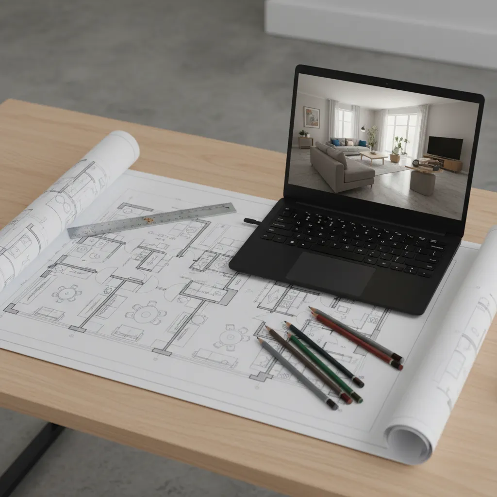 Top view of interior designer planning a room layout with furniture placement sketches
