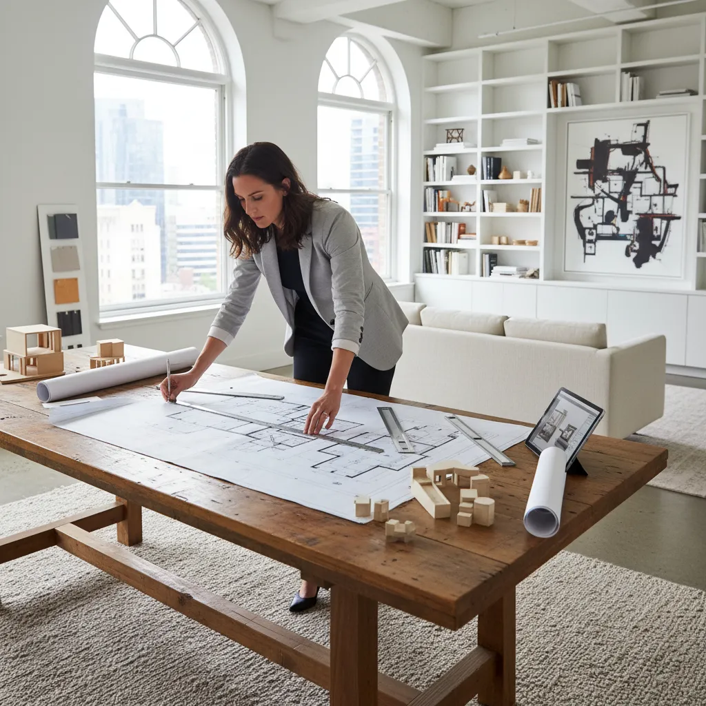 Woman designing room layout on wooden table with floor plan, small models, and digital tablet.