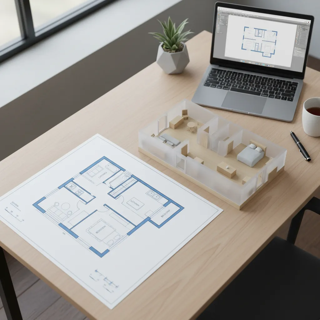 Plano y visualización 3D de distribución interior de vivienda