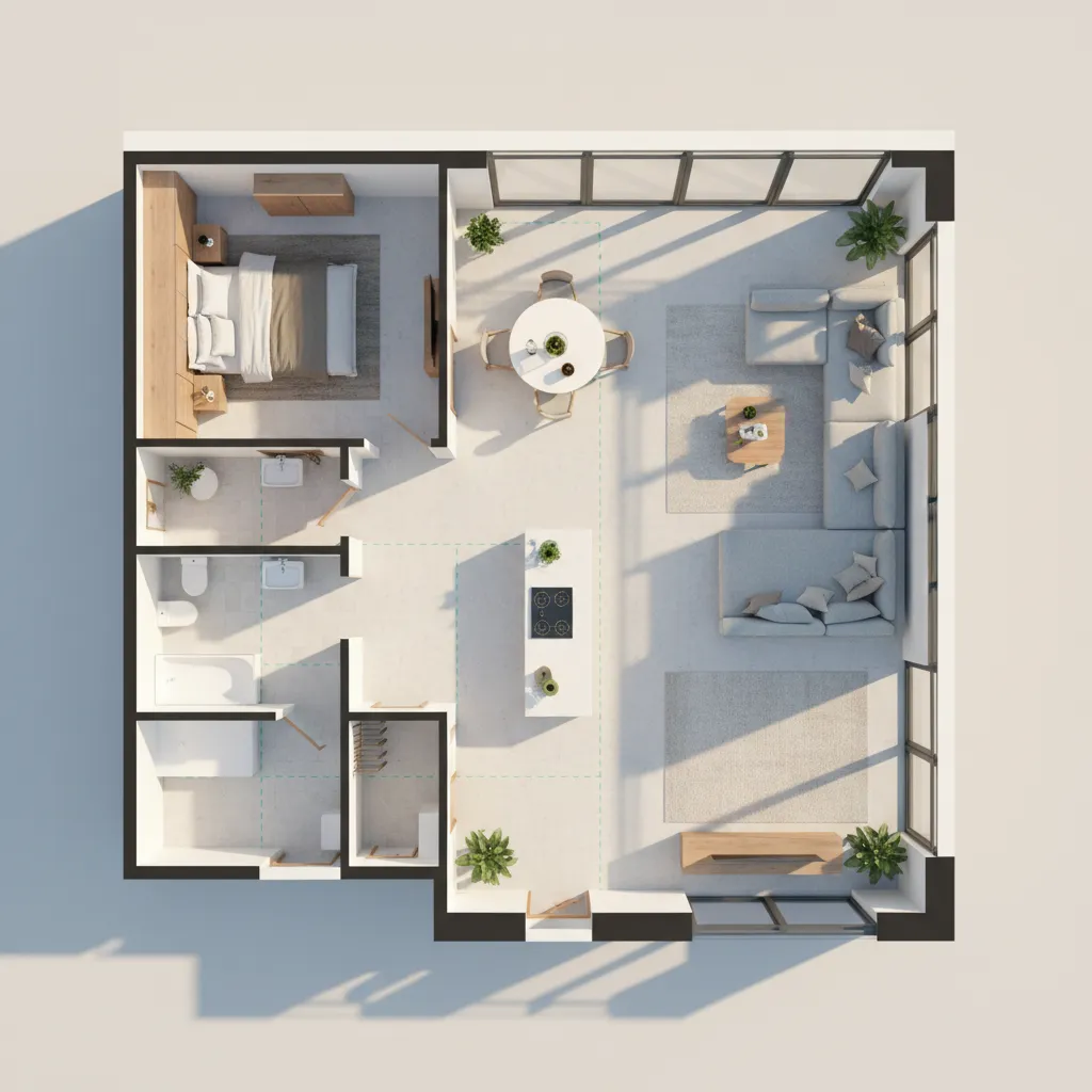 Plano técnico de distribución de un apartamento con zonas marcadas