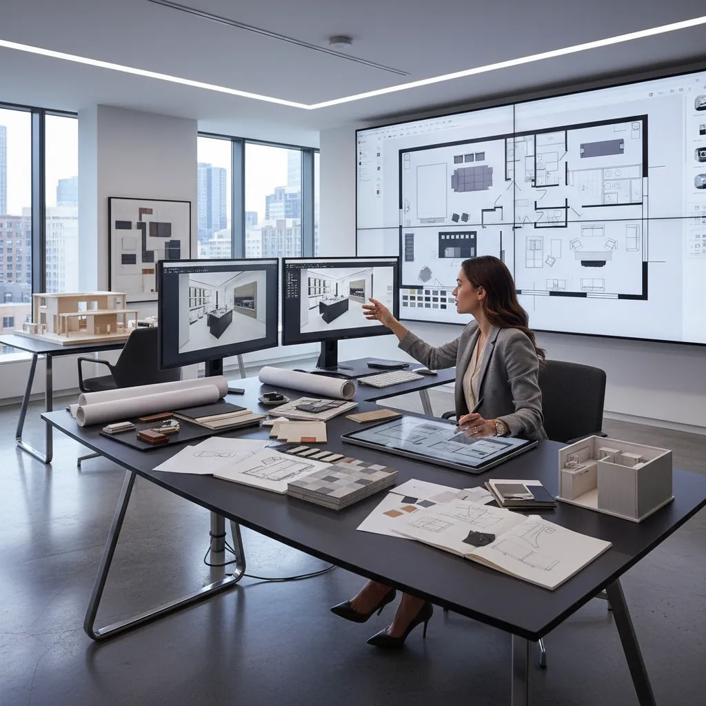 Diseñador revisando la distribución de un espacio interior en plano digital