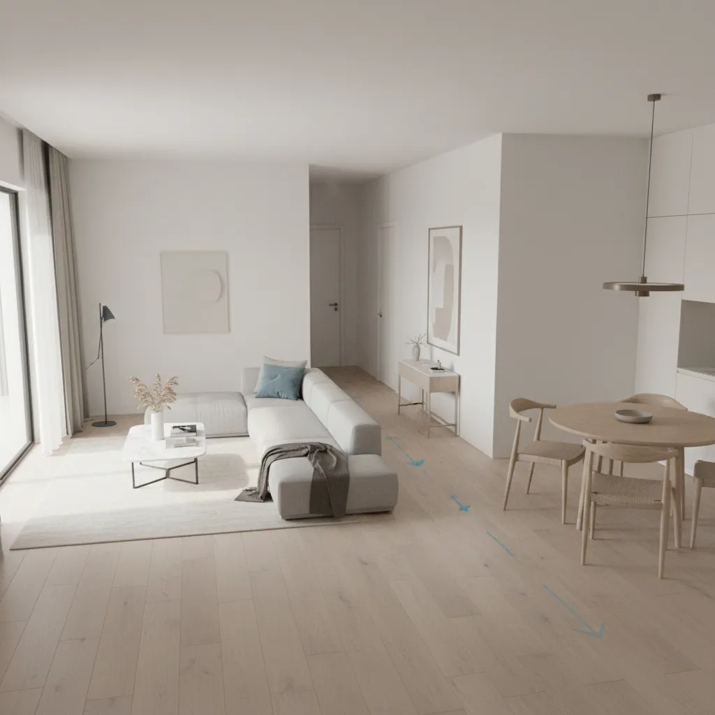 3D floor plan visualization showing interior space planning and circulation paths