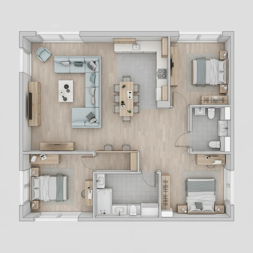 Plano de distribución de vivienda con mobiliario organizado
