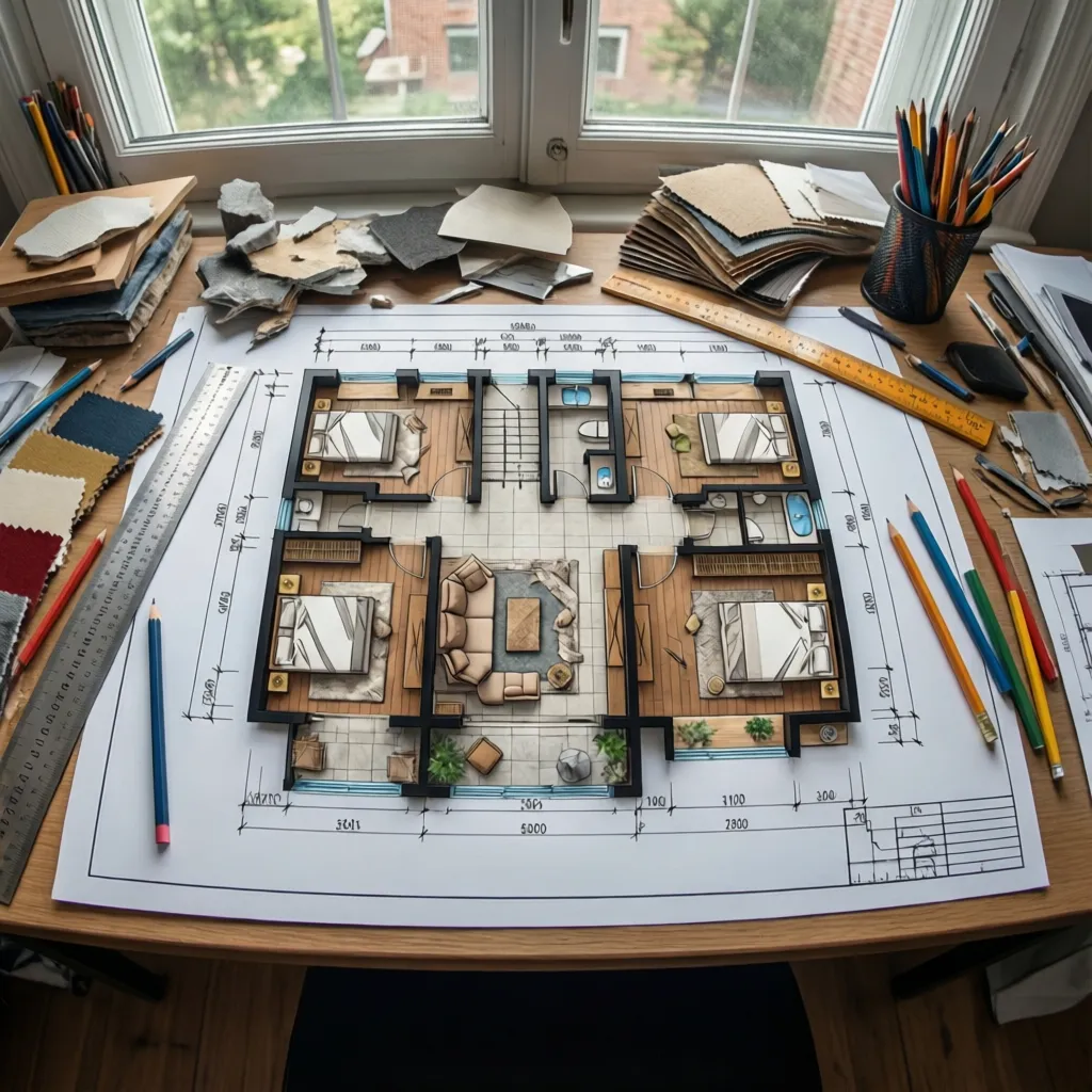Plano de distribución de interiores sobre mesa de trabajo