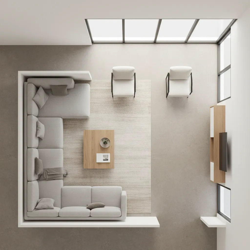 Interior layout planning showing furniture spacing in a living room floor plan