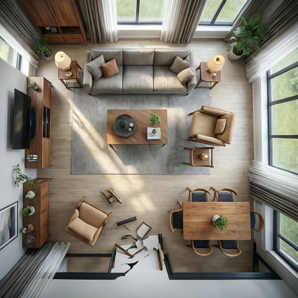 Top view of a room layout showing grey sofa, wooden dining table, and wall cabinets
