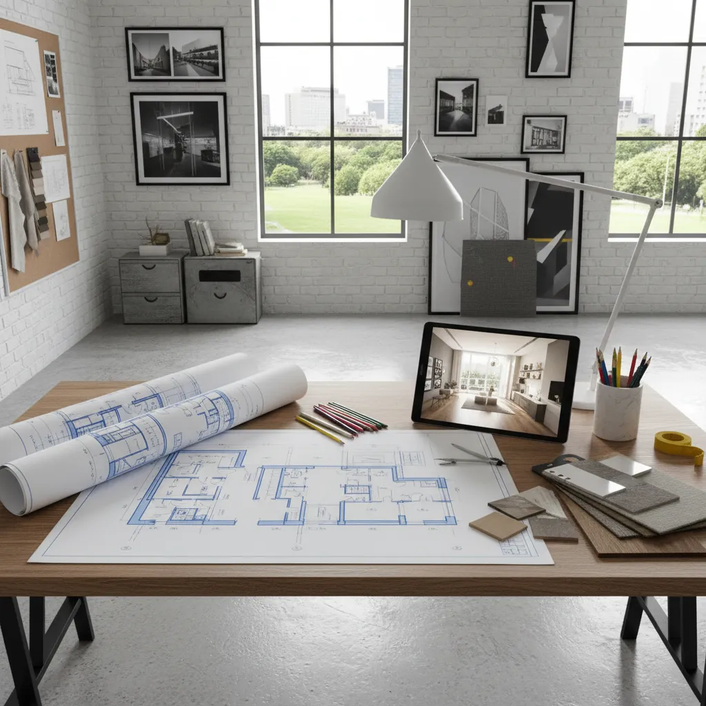 designer reviewing floor plan and space layout for home design