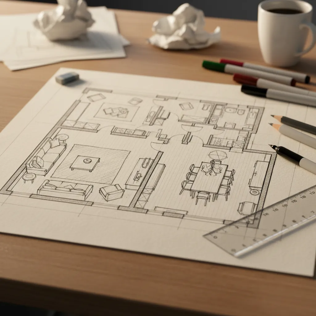Boceto de planificación espacial con muebles dibujados a escala