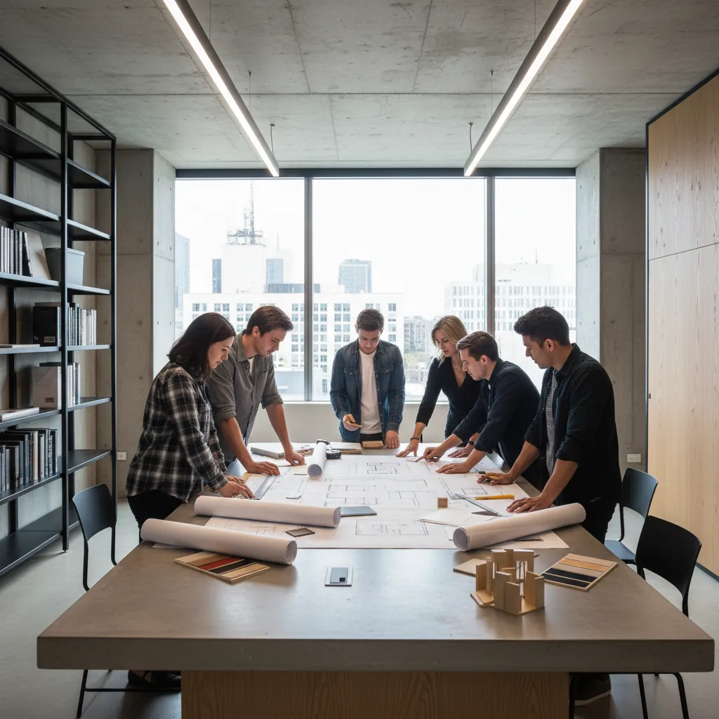 Estudiantes revisando planos de distribución de interiores