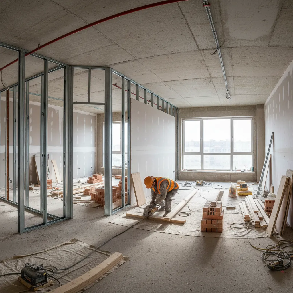 Construction worker cutting wood inside a large room with metal wall frames and big windows