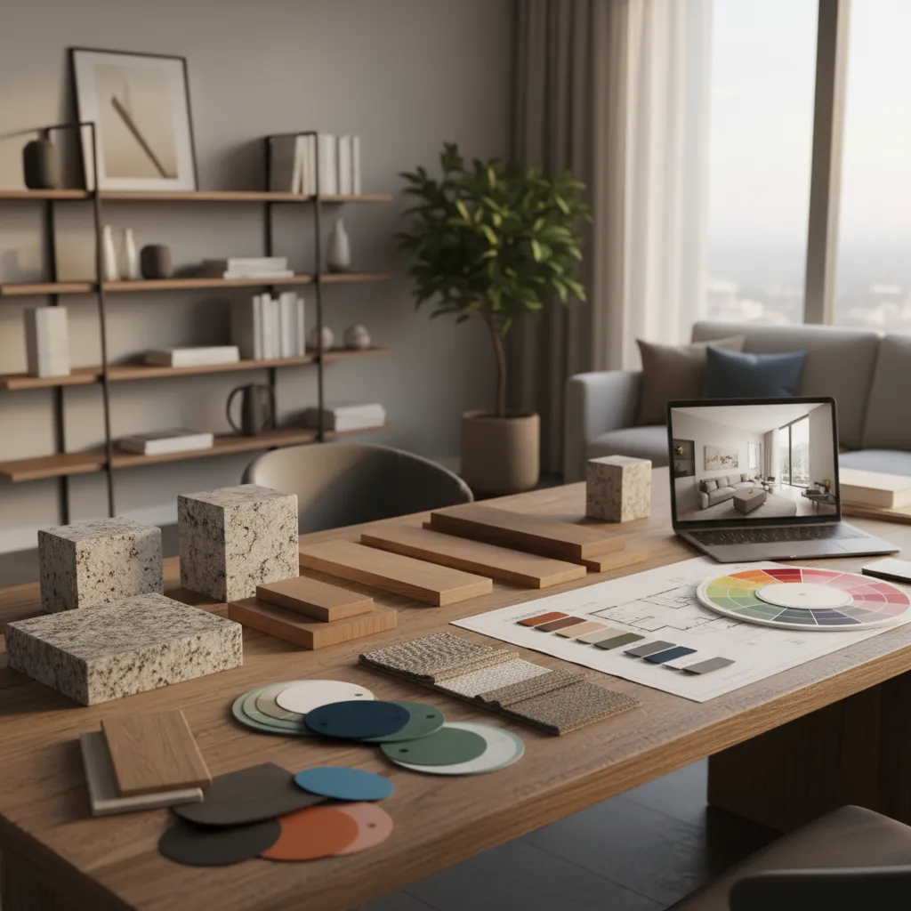 Interior designer selecting materials and color palette for modern home design