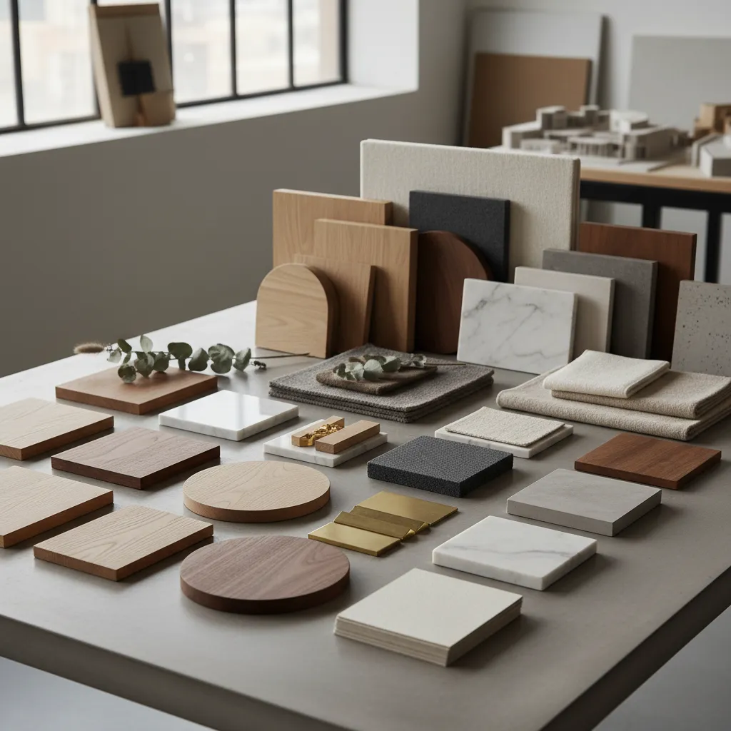 Collection of interior design material samples including wood, marble, stone, and fabric on a table