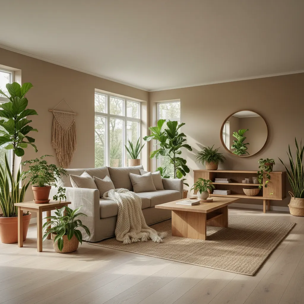 Salón con mezcla de muebles modernos y detalles naturales