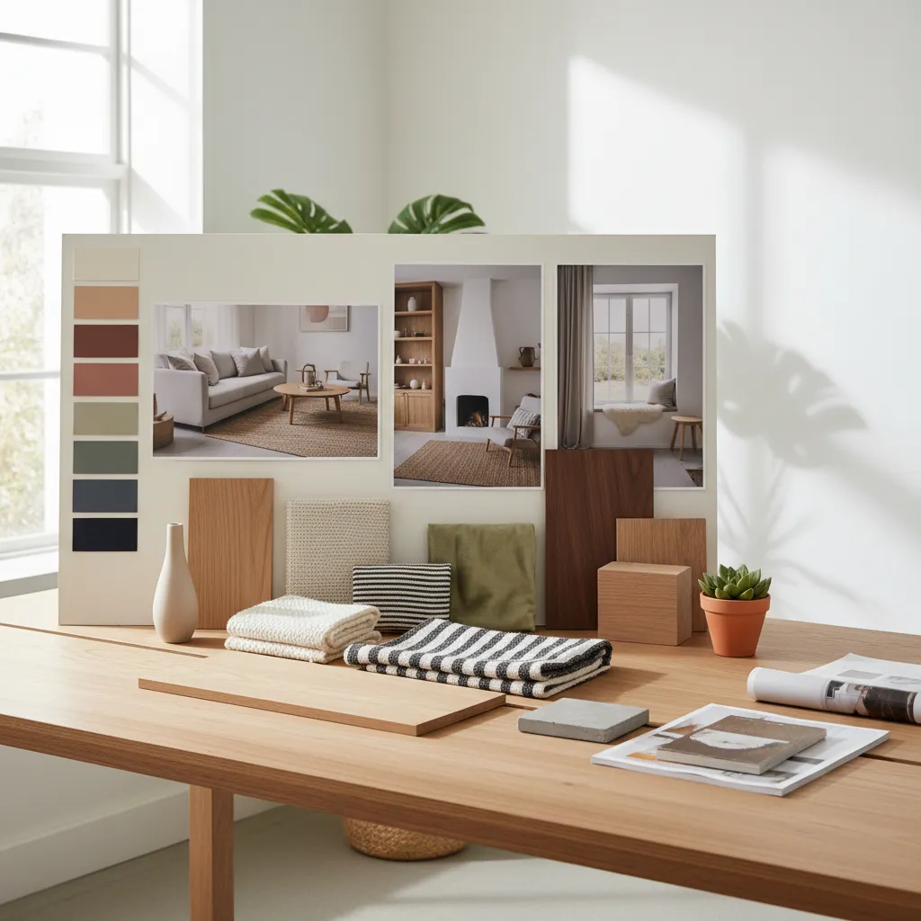 Moodboard de diseño de interiores con paletas de colores y referencias de salón