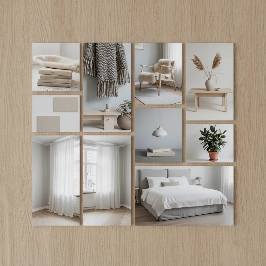 Collection of photos showing white bed curtains wooden table and plant in minimalist home style