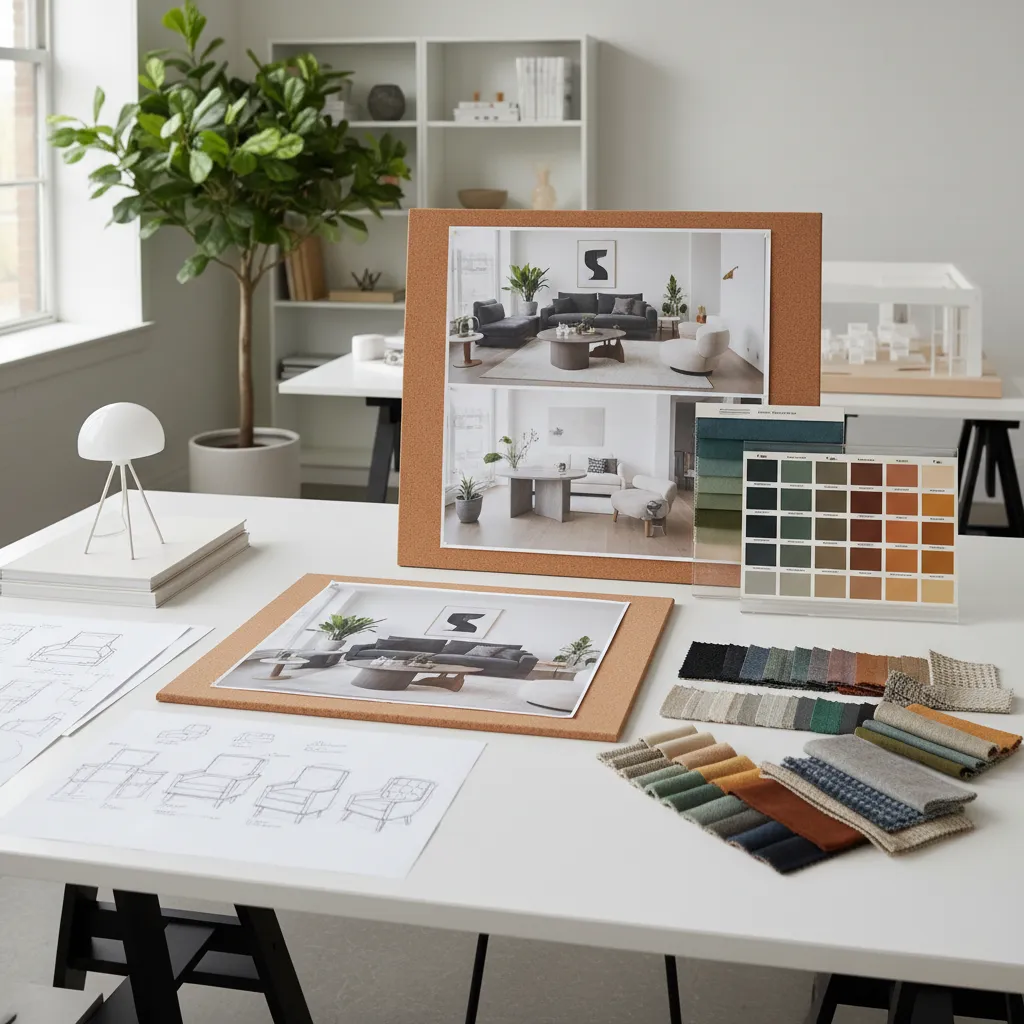 designer reviewing interior style moodboard for modern living room