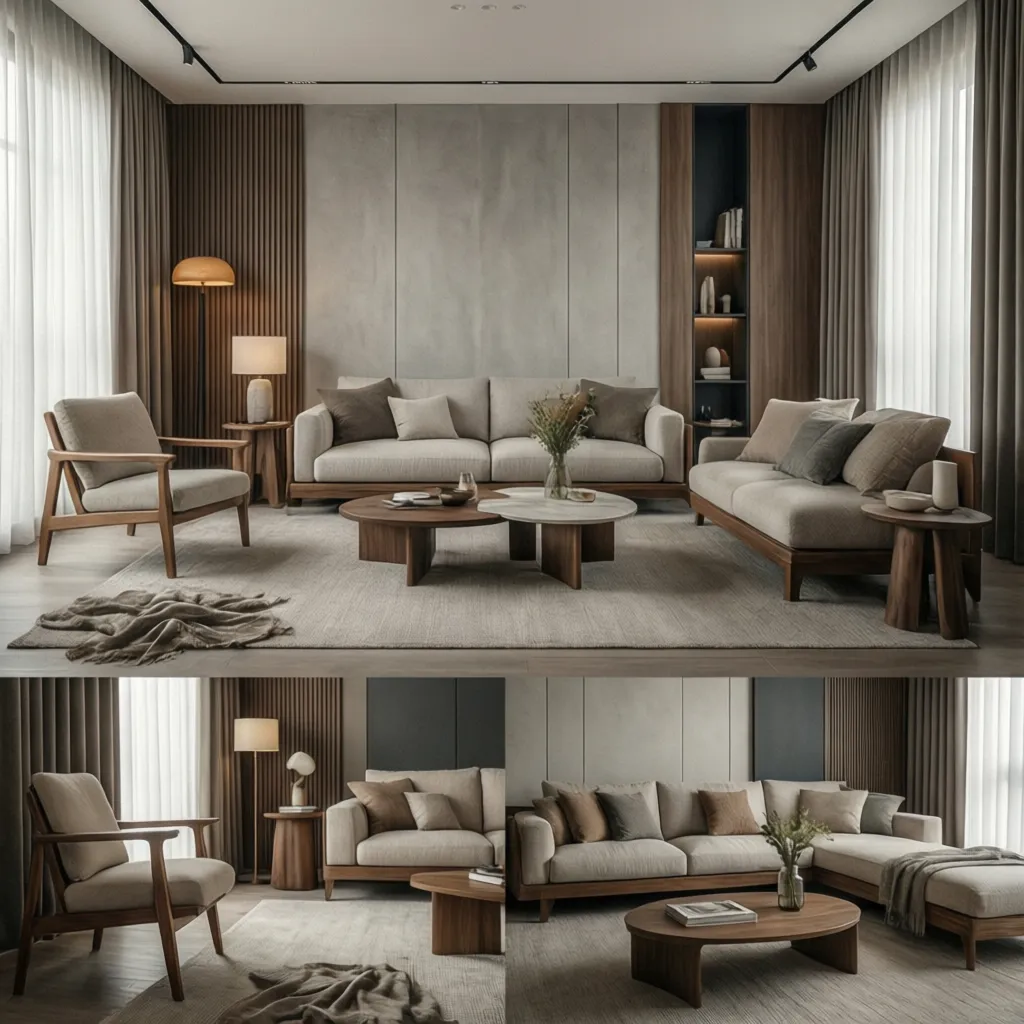 Modern living room interior design drawing featuring beige sofas, wooden tables, armchairs, and wall panel