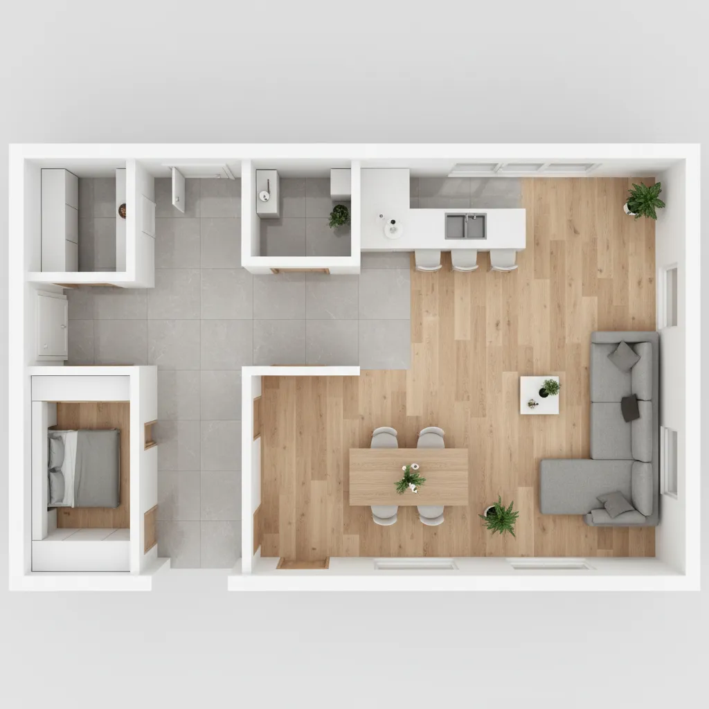 Interior layout diagram showing durable flooring zones and high traffic areas