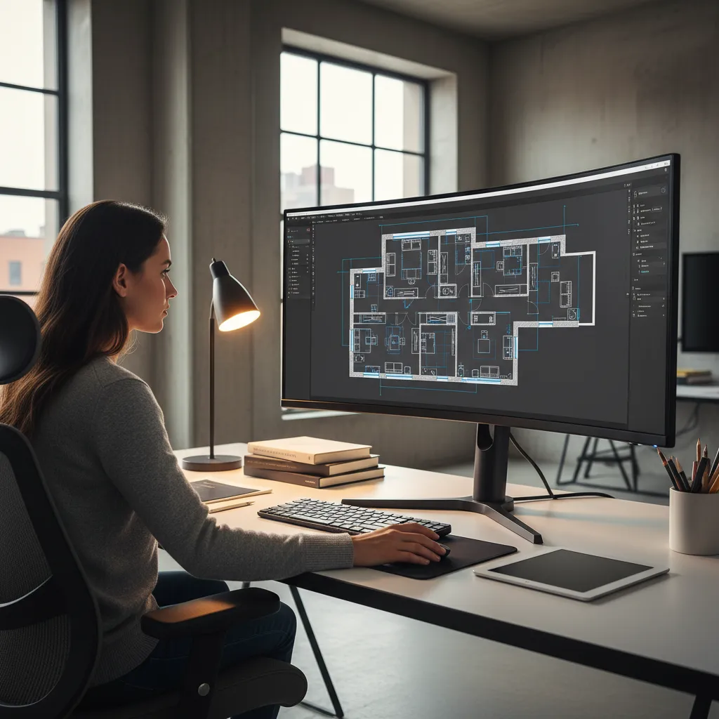 Woman using a computer to create a detailed floor plan on a large curved monitor