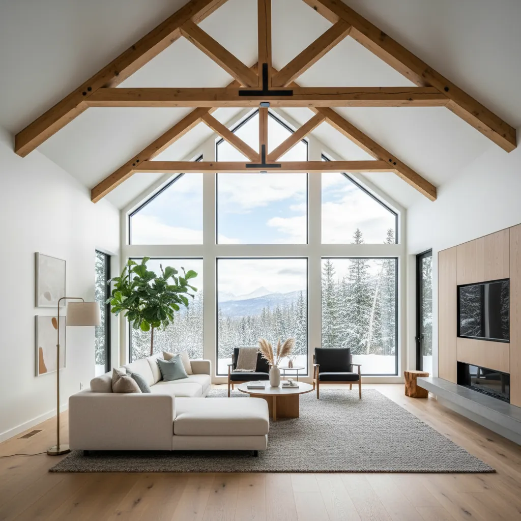 Interior de sala con techo inclinado de dos aguas