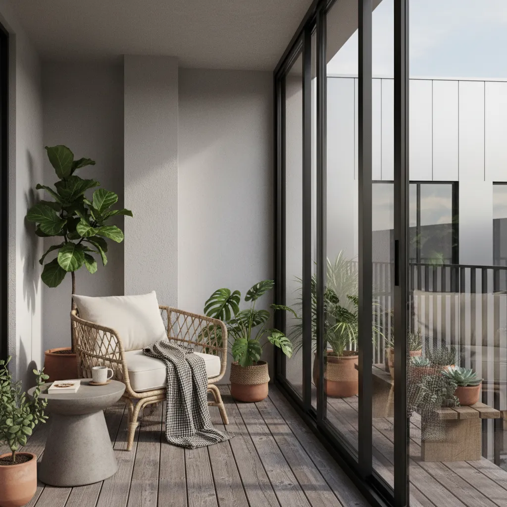 Distribución de una pequeña terraza interior con muebles ligeros y plantas