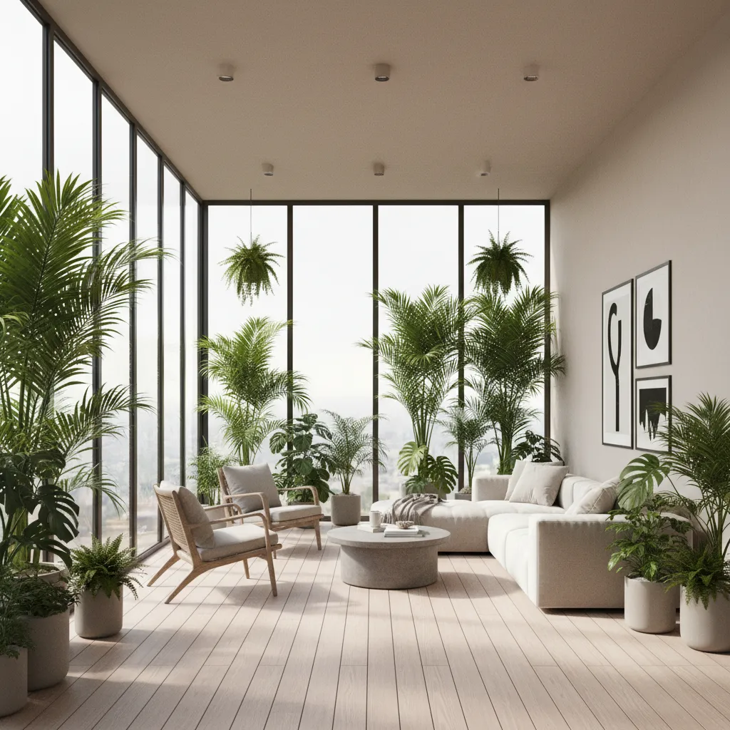 Terraza interior junto a grandes ventanales con plantas y suelo tipo madera