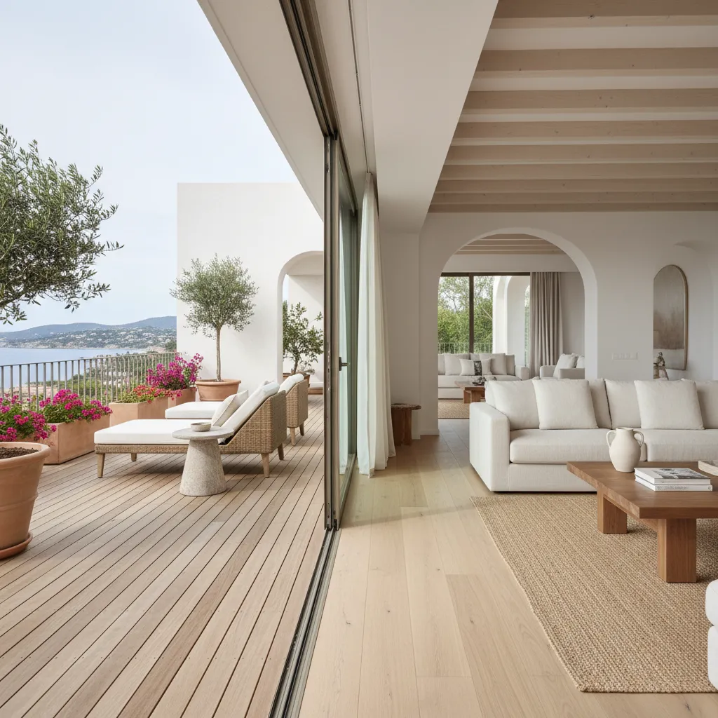 White sofa in modern living room opening to a sunny wood terrace with ocean view