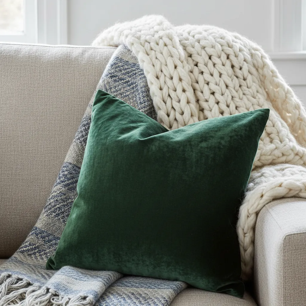 Close-up of dark green velvet pillow and white knit blanket on a beige fabric sofa