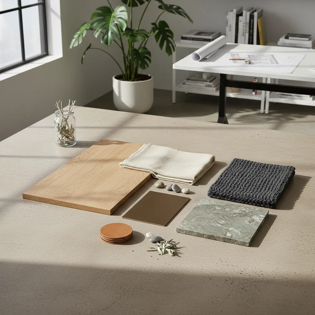 Interior design material board featuring wood, fabric, stone tiles, and green plant on white desk