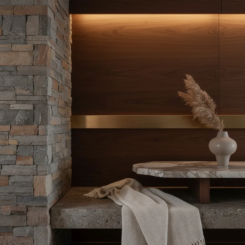 Detalle de texturas en diseño interior con madera, tela y piedra