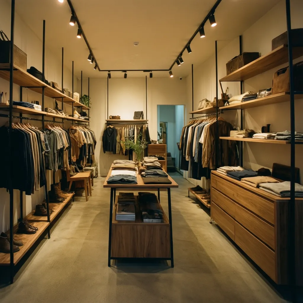 Clothing store interior with wood shelves, hanging racks, clothes, center table, and track ceiling lights