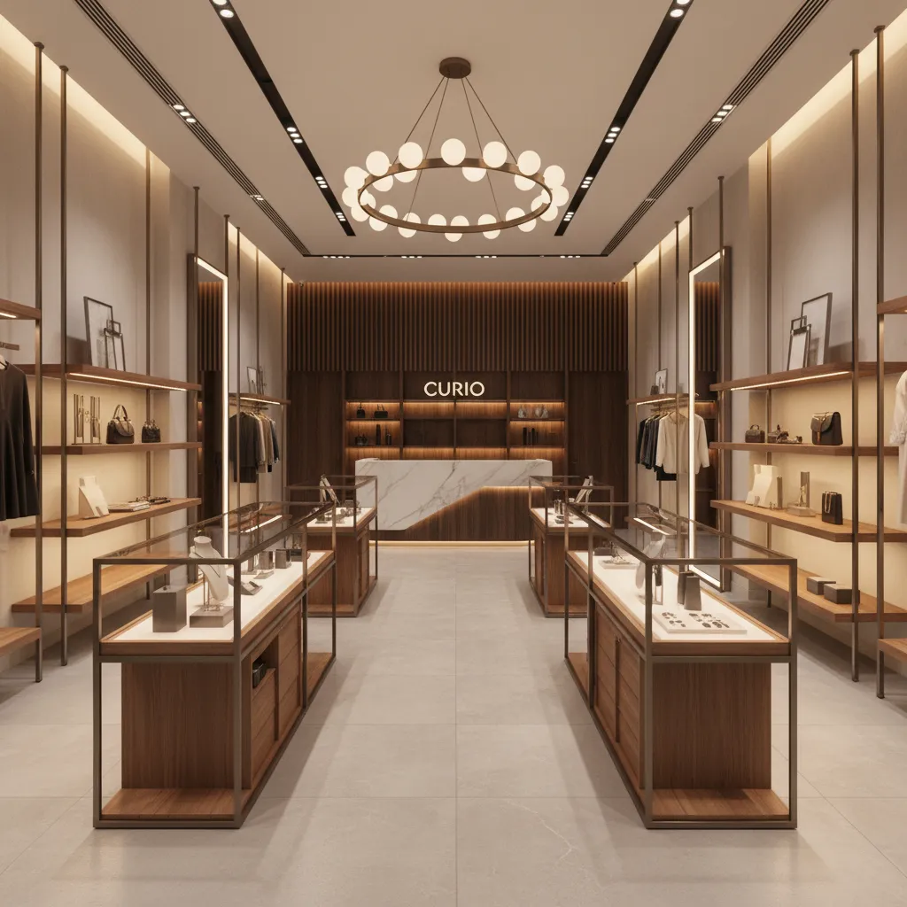 Interior elegante de tienda con iluminación y zonas de producto bien definidas