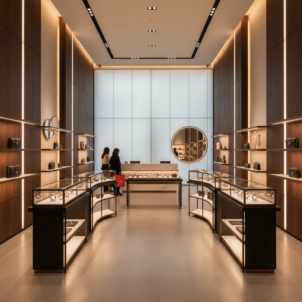 Interior de tienda con iluminación dirigida a productos