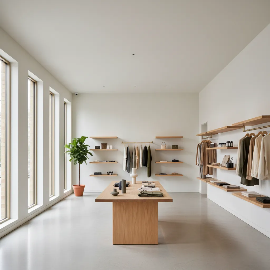 Interior de tienda minimalista con exposición ordenada de productos