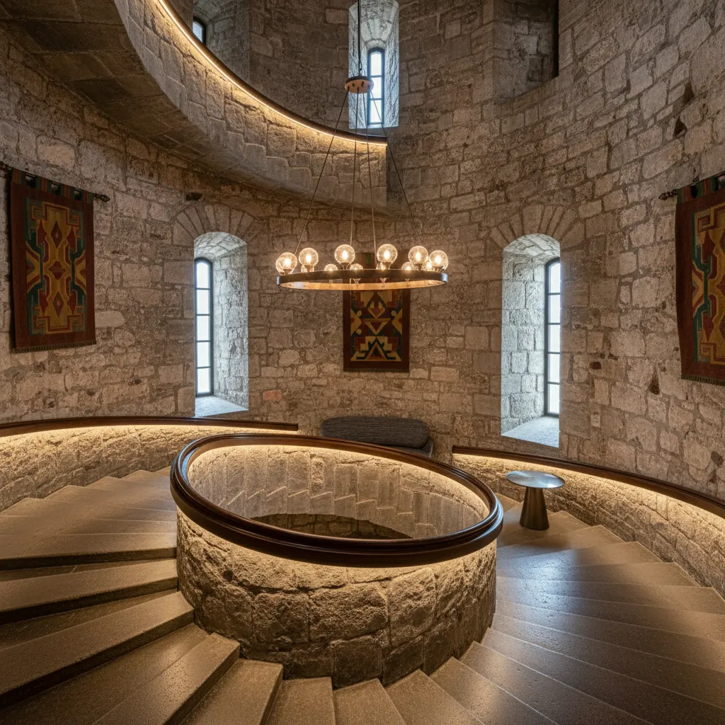 Interior de una torre con escalera en espiral dentro de una casa estilo castillo