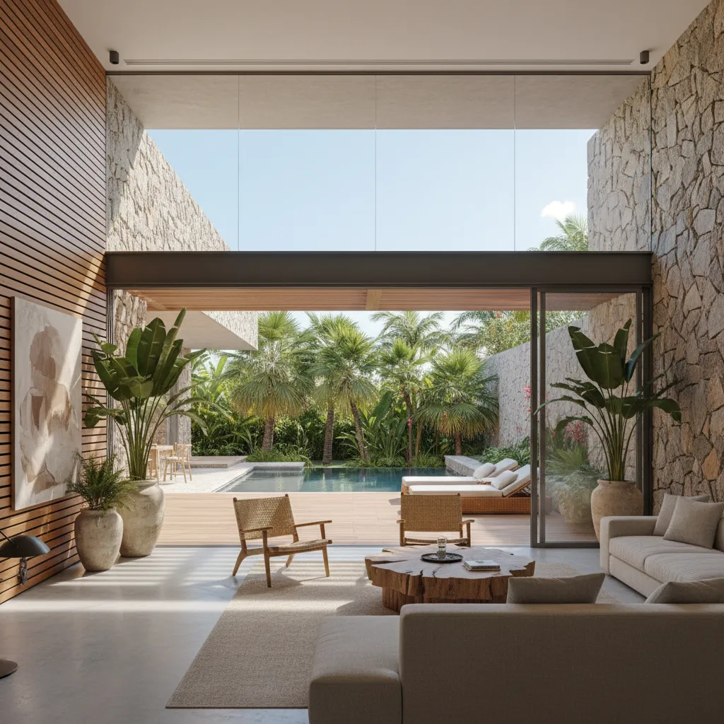 Sala moderna conectada con terraza tropical