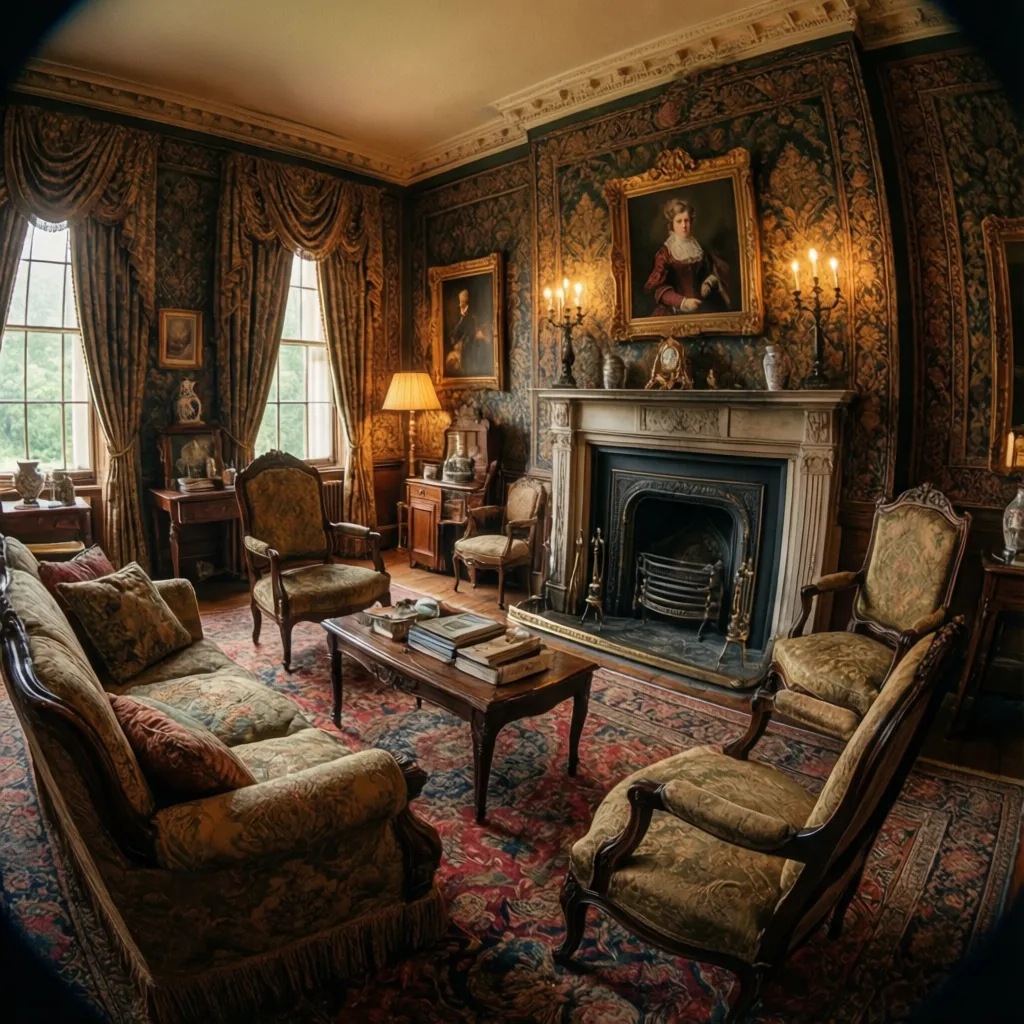 Traditional living room with patterned wallpaper, fireplace, gold frames, vintage sofa, chairs, and large curtains