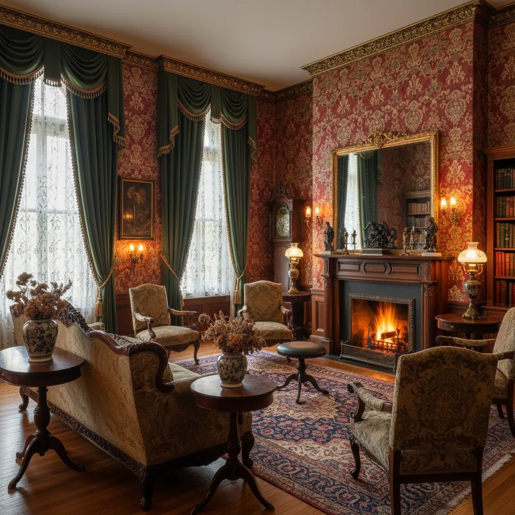 Sala de estar victoriana con abundante decoración del siglo XIX