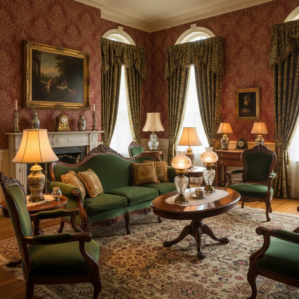 Sala victoriana del siglo XIX con muebles ornamentados y textiles ricos