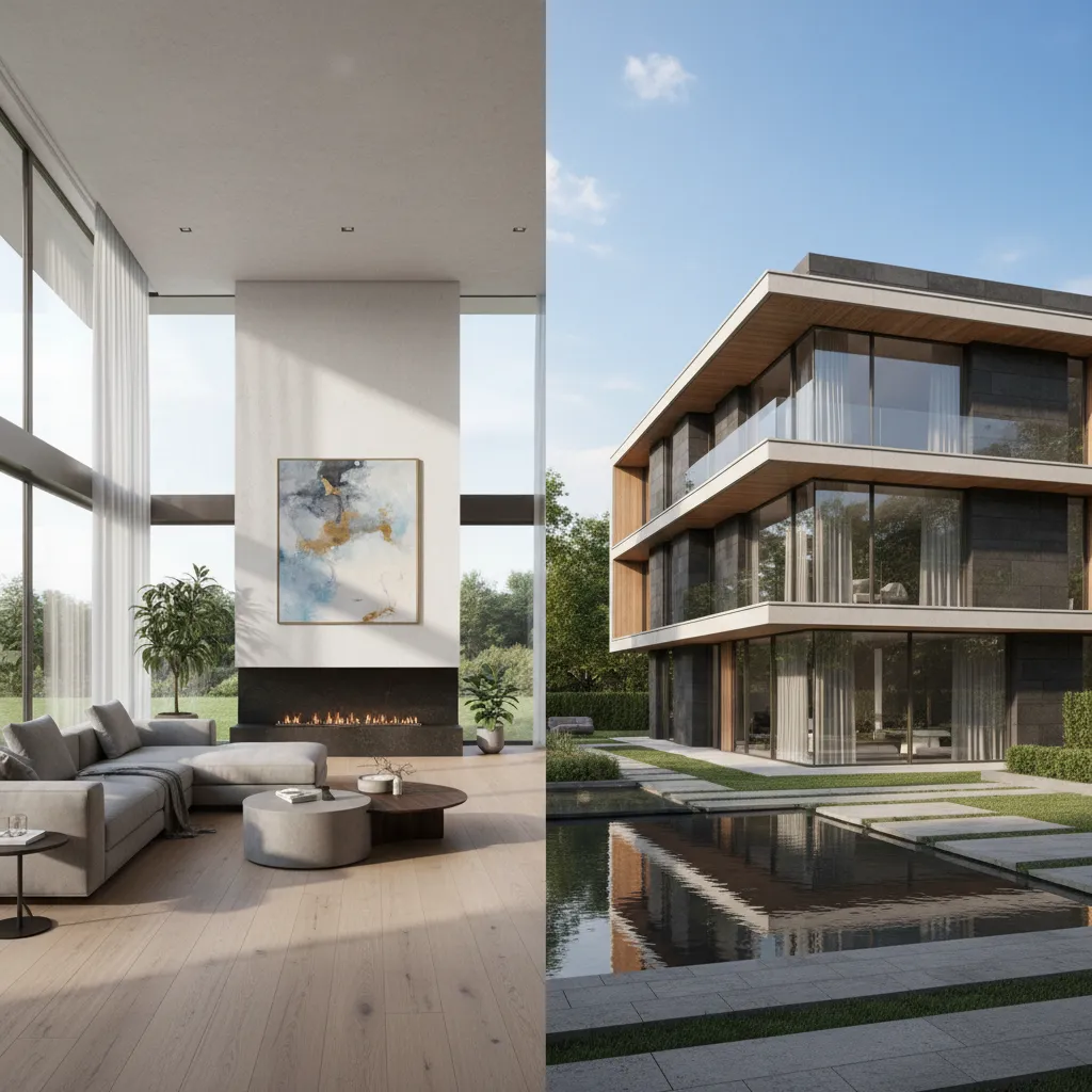 Comparison between interior 3D render and large exterior architectural render