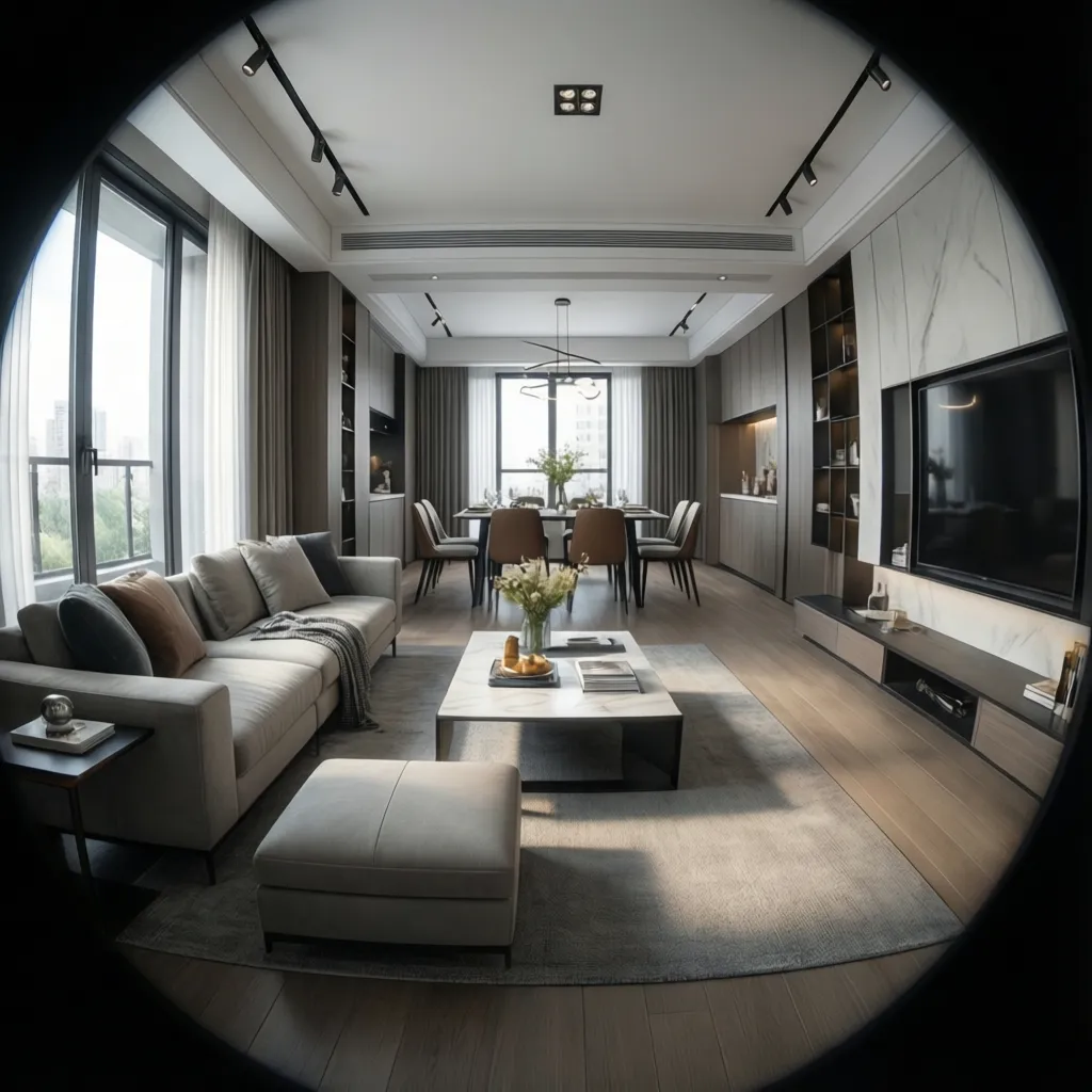 3D interior animation camera path moving through living room and dining space