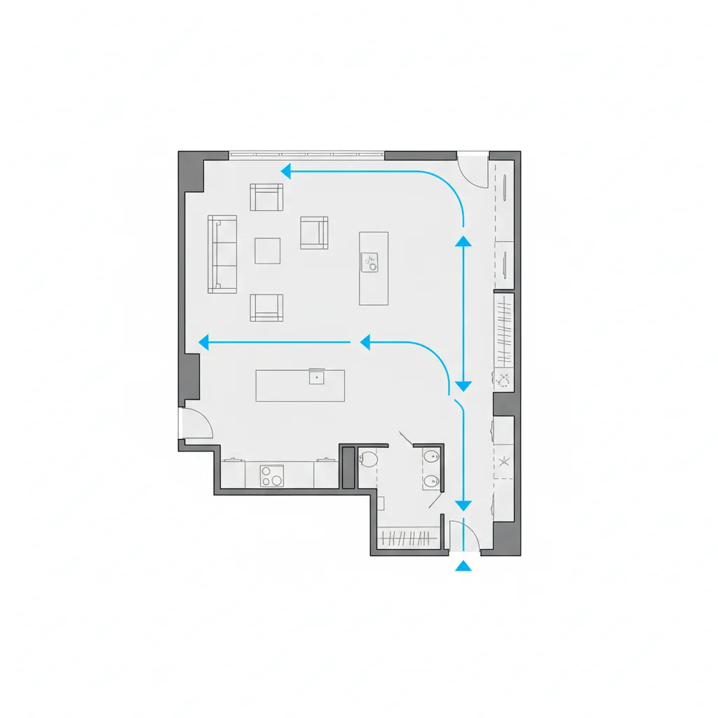 diagram style interior layout showing camera path for 3D rendering walkthrough