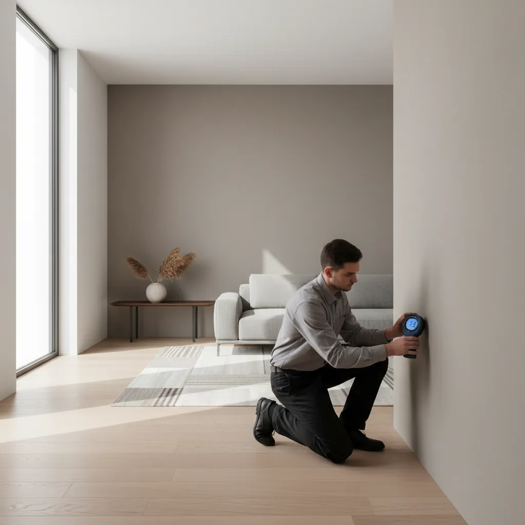 Inspector using moisture meter on painted interior wall