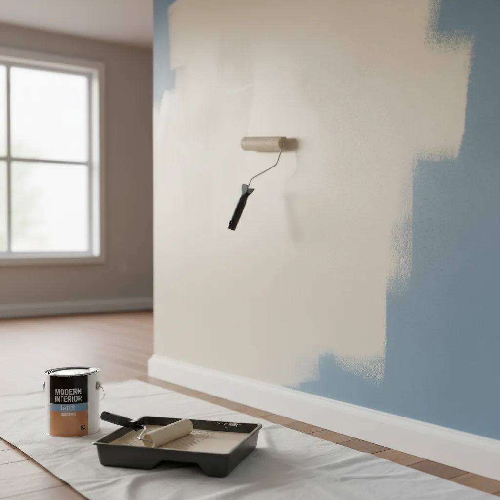 Interior wall being painted showing strong coverage in first coat