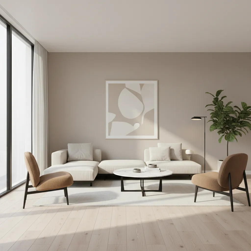 Modern living room featuring white sofa marble coffee table two tan chairs and large art