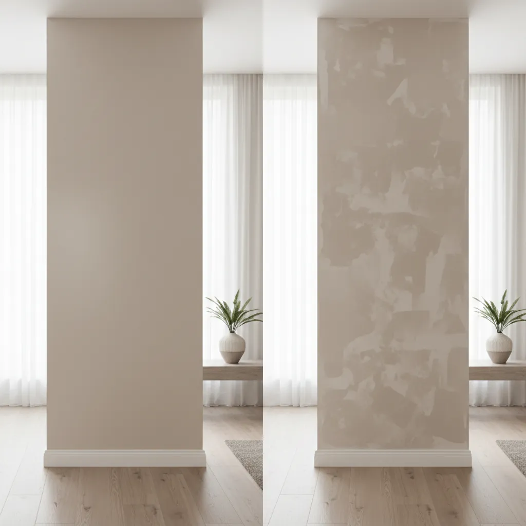 Comparison of smooth professional paint finish versus uneven DIY wall paint