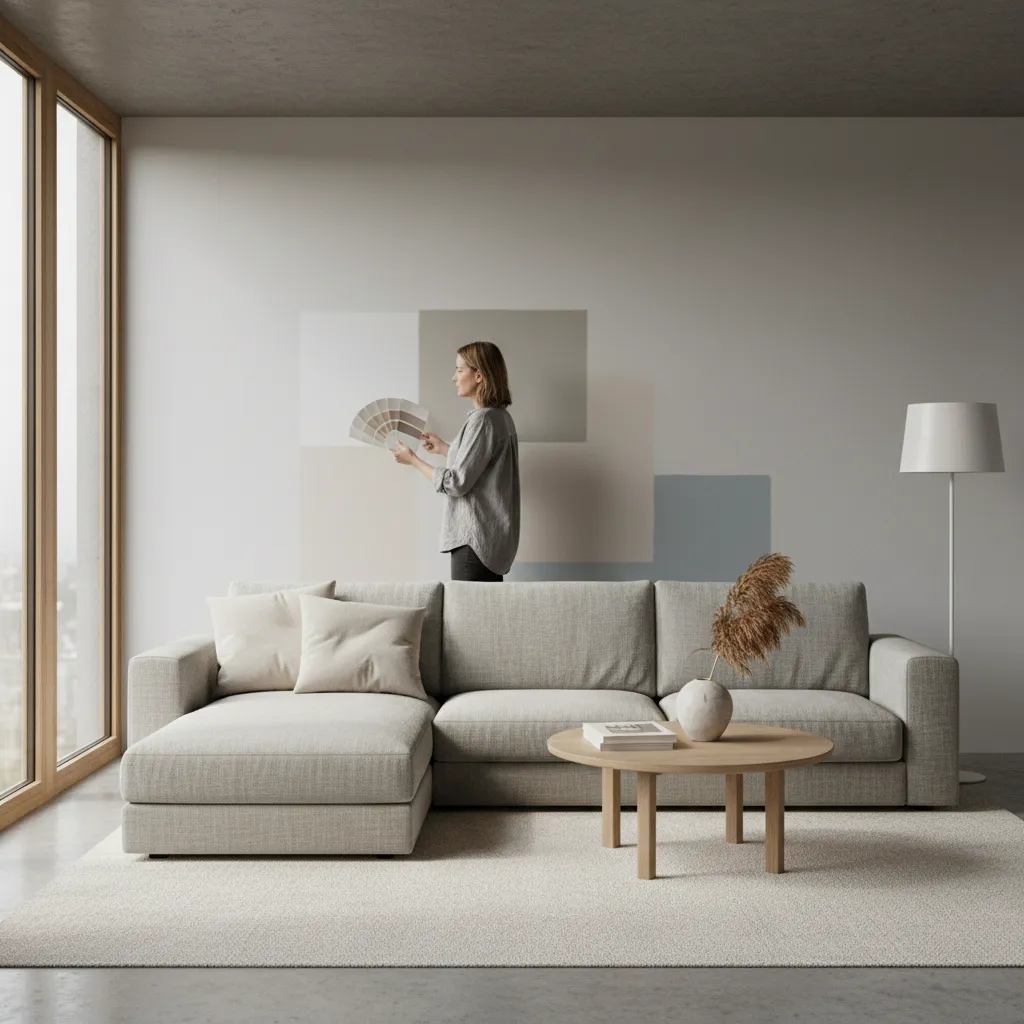 homeowner reviewing wall paint samples in a modern living room interior