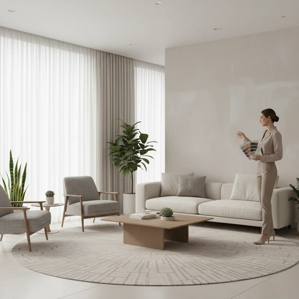 Designer reviewing wall paint samples in a modern residential living room