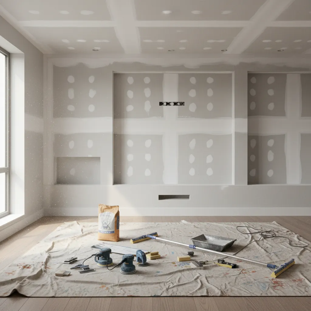 room with partially prepared walls before painting showing patching and sanding areas